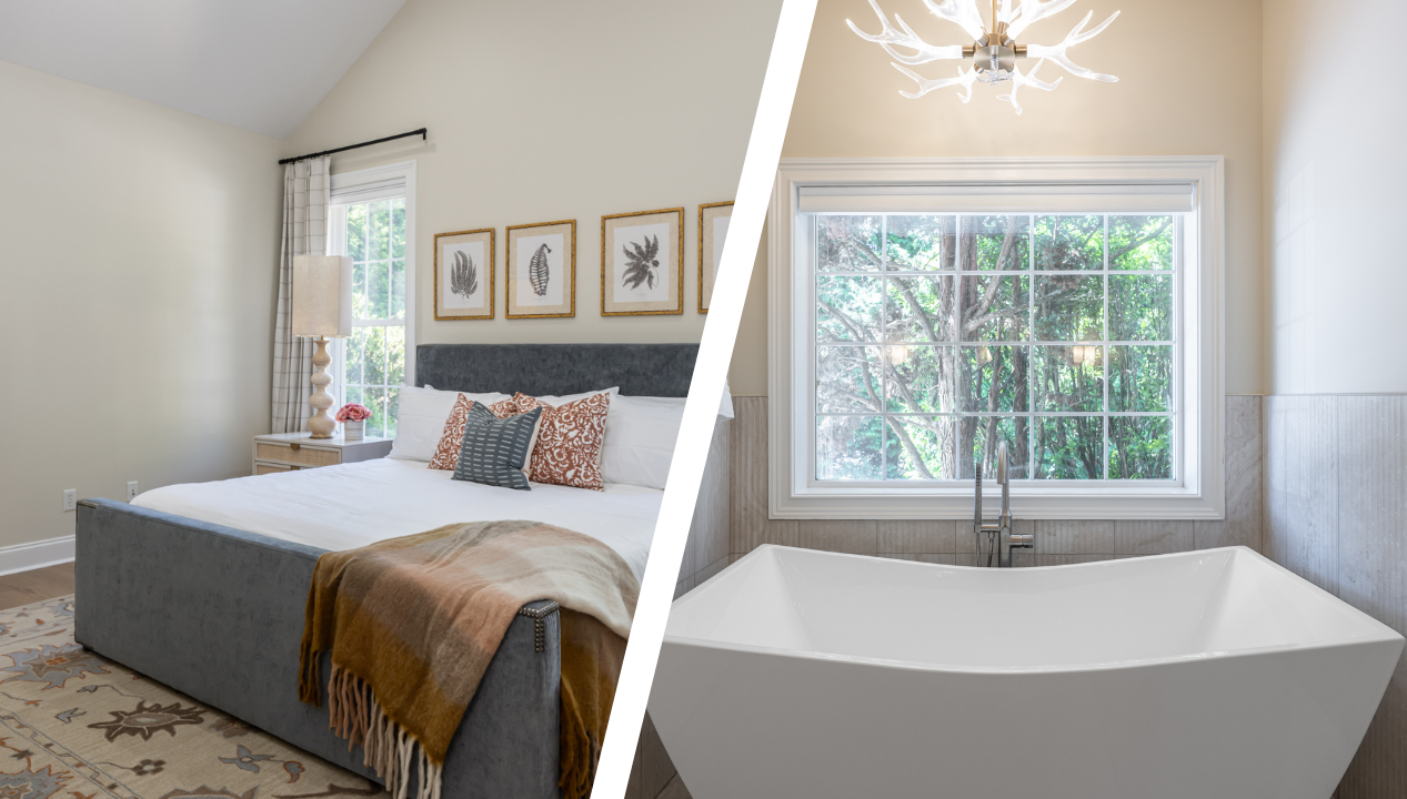 Side-by-side photo of Mountain Shadows' master bedroom and bathroom.