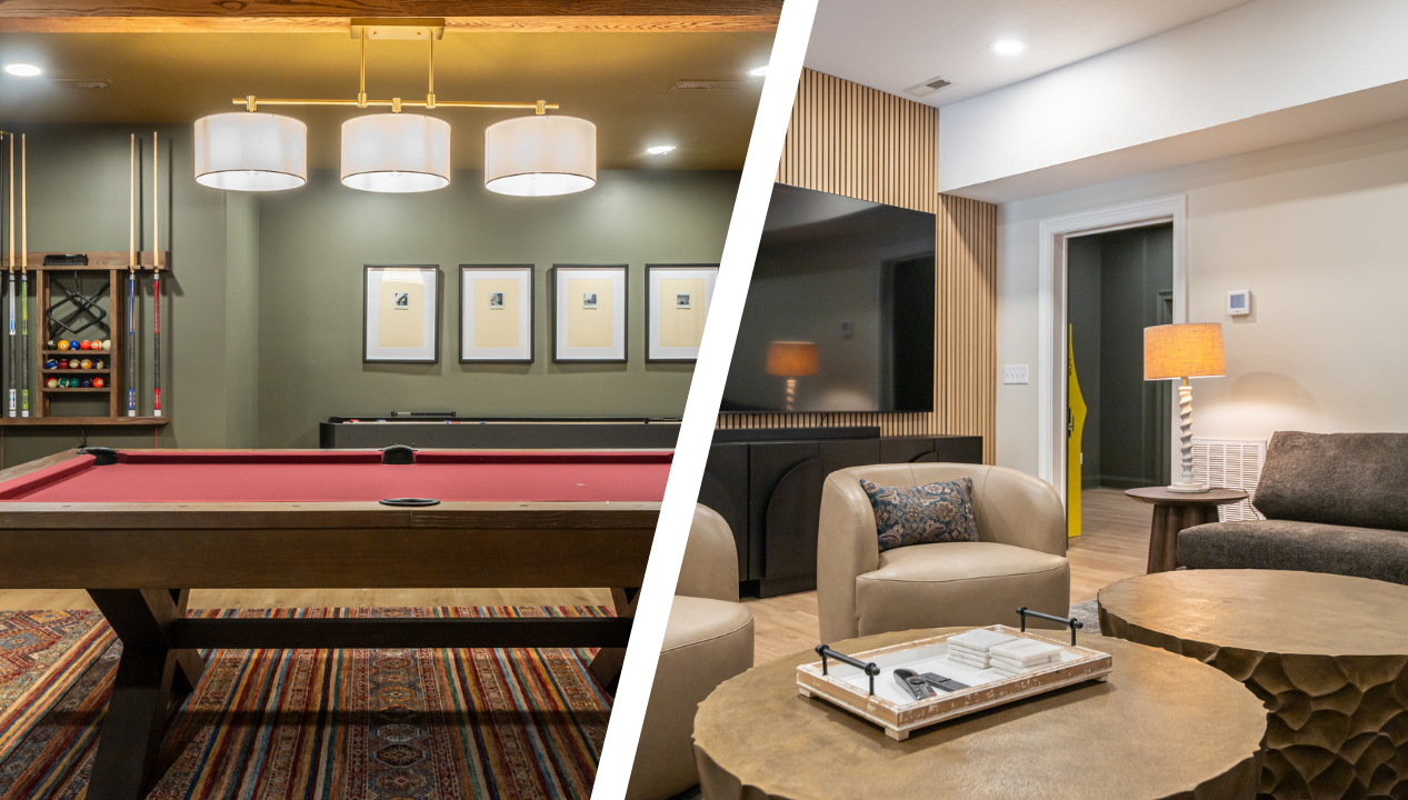 Side-by-side photo of Mountain Shadows' basement game room and lounge with TV.