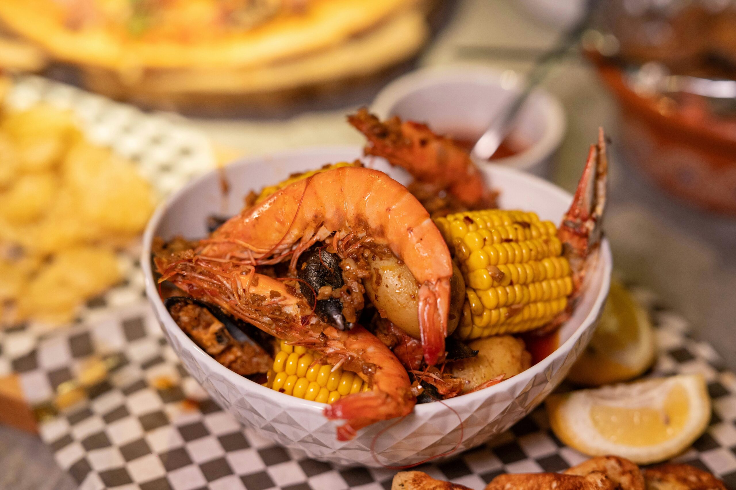 Lowcountry boil, with shrimp, corn, potatoes.
