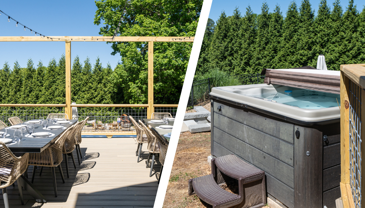 Side-by-side photo of Mountain Shadows' outdoor dining area with two tables and hot tub