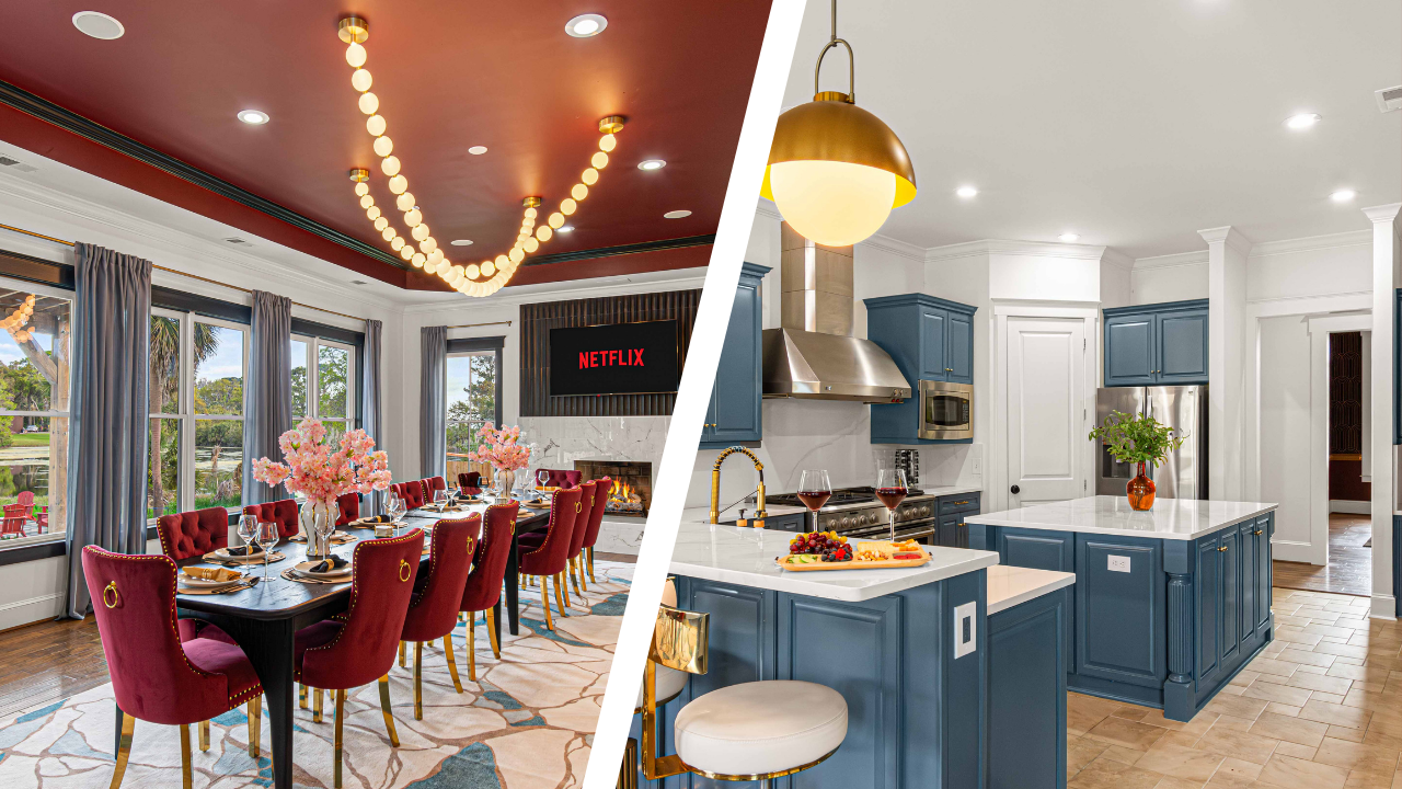 Side-by-side image of a savannah vacation rental 14-seater dining table (left) and full kitchen (right)