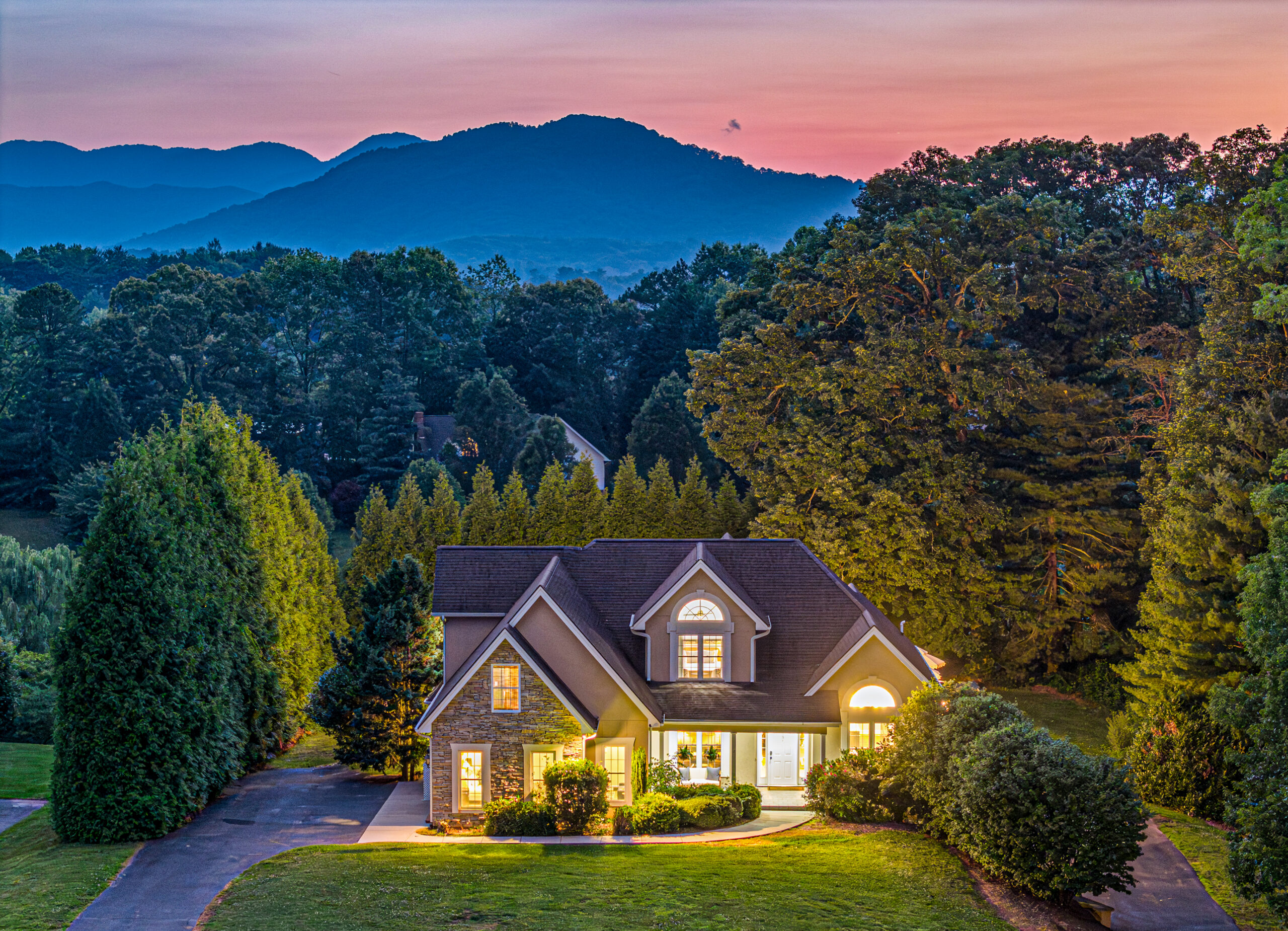 Aerial view of an Asheville Vacation Rental with views of the Blue Ridge Mountain.