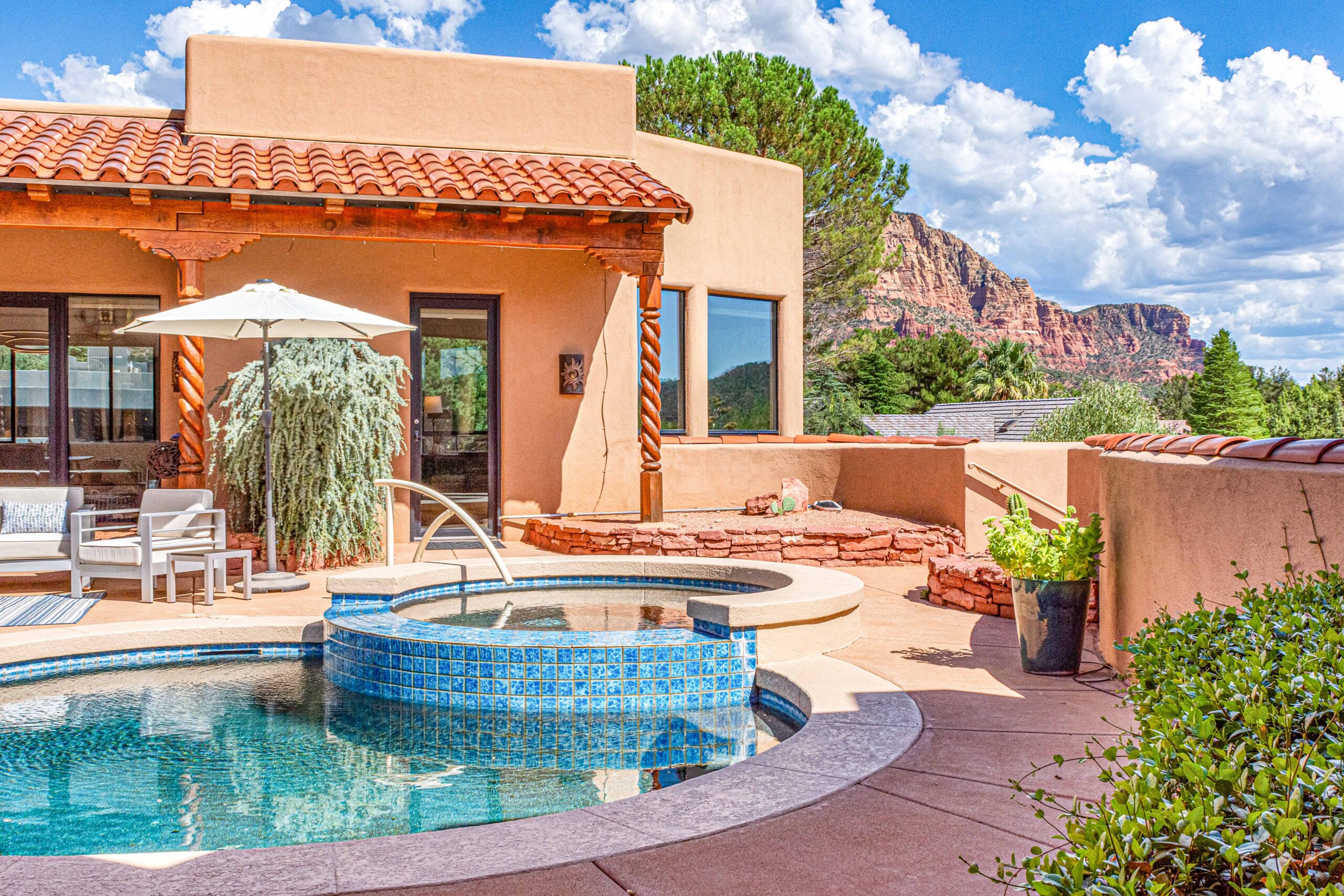 Pool and Mountain view from a luxury Sedona vacation rental.